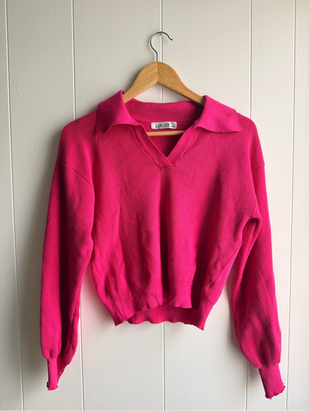 Hot Pink Collared V-Neck Women's Sweater
